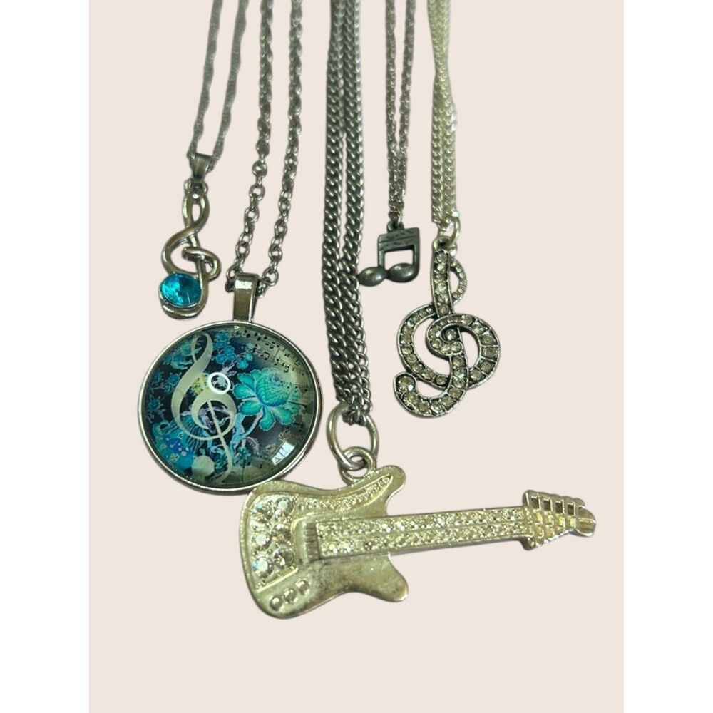 🎶 VTG MUSIC NECKLACE LOT ELECTRIC GUITAR TREBLE CLEF RHINESTONE CABOCHON 5 ITEM